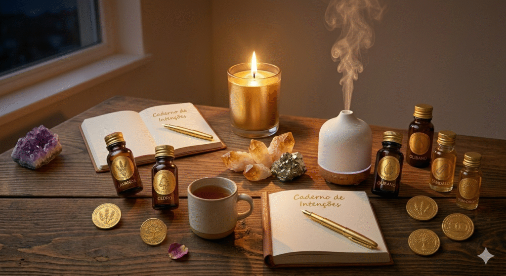 Altar de prosperidade com óleos essenciais, difusor aromático, cristais de abundância e ritual de manifestação