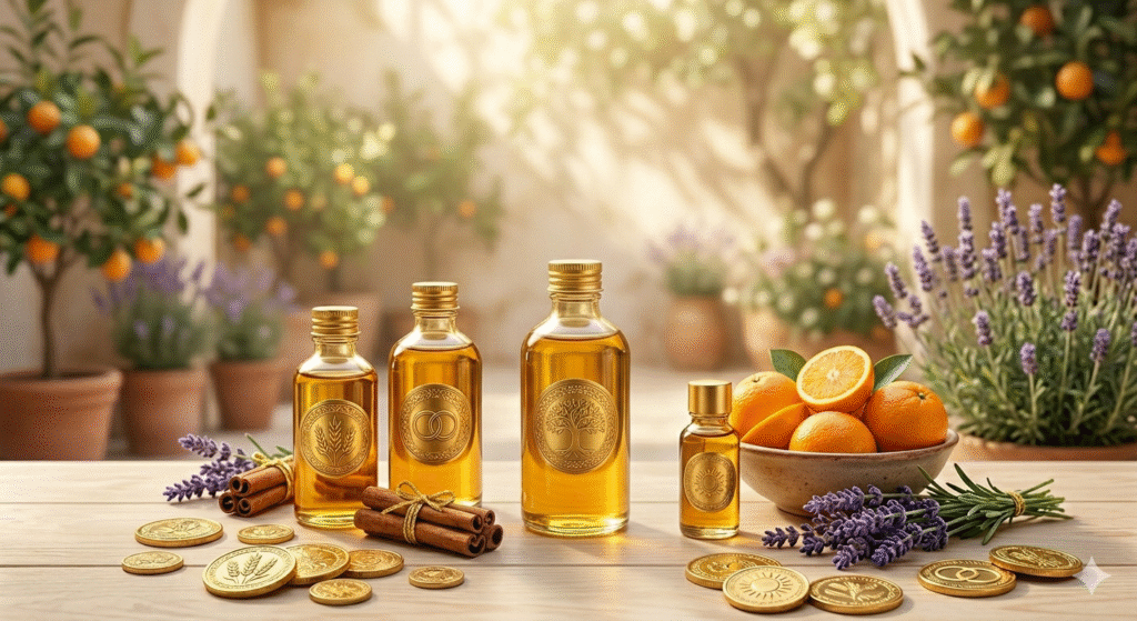 Frascos de óleos essenciais para prosperidade com canela, laranja e lavanda sobre mesa decorada com elementos de abundância e tranquilidade
