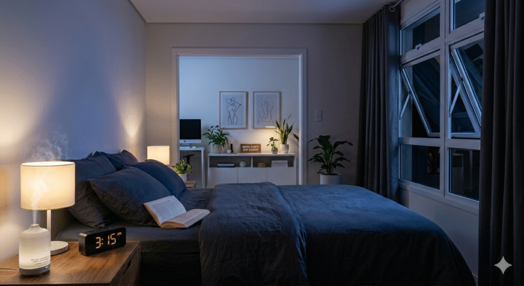 Quarto ideal para ritual de descompressão - ambiente perfeito para relaxar e dormir