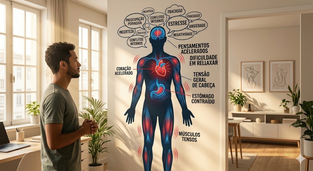 Sintomas físicos da ansiedade noturna no corpo - coração acelerado e tensão muscular