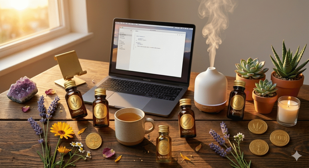 Difusor ultrassônico de óleos essenciais em ambiente de trabalho criando atmosfera de foco, prosperidade e calma