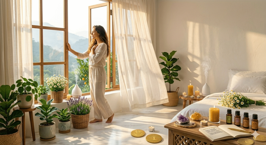 Rotina feng shui matinal simples abrindo janelas para circular ar fresco e renovar energia da casa diariamente