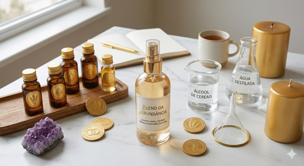 Spray caseiro de óleos essenciais para prosperidade com ingredientes e receita de blend aromático abundante