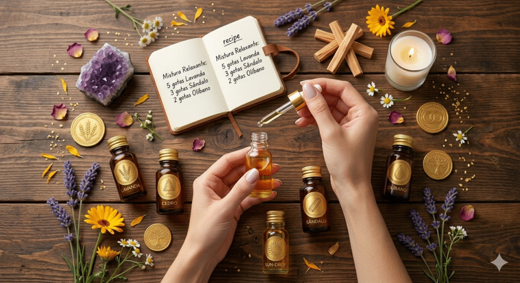 Preparação de blend de óleos essenciais para prosperidade e calma com conta-gotas e receitas aromáticas