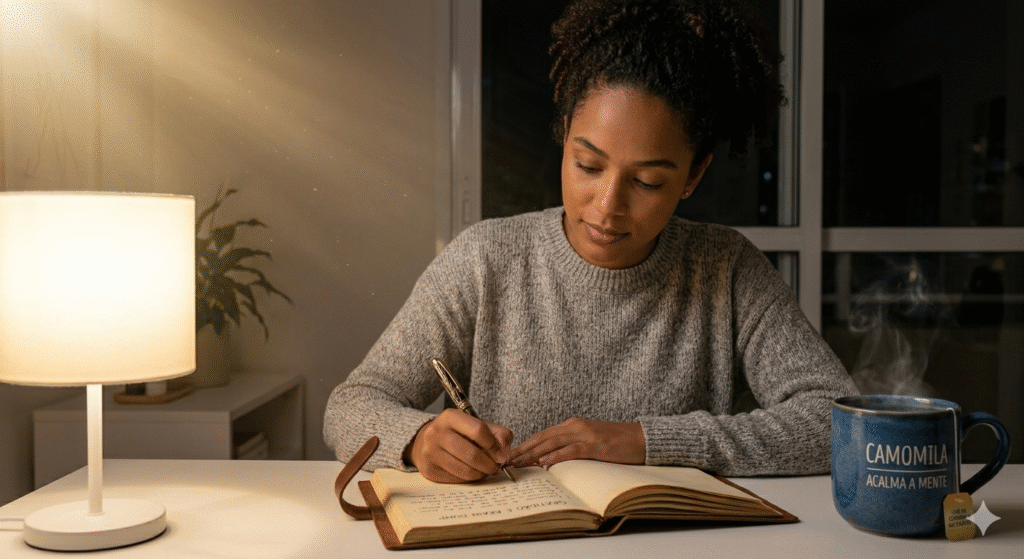 Diário de descompressão - escrever preocupações para esvaziar a mente antes de dormir