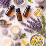 Kit de aromaterapia com óleos essenciais, lavanda seca, velas aromáticas e acessórios para tratamento natural da ansiedade