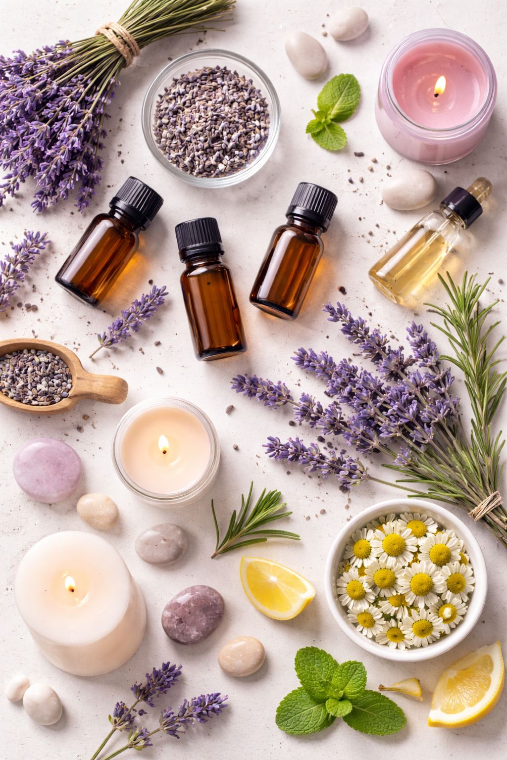 Kit de aromaterapia com óleos essenciais, lavanda seca, velas aromáticas e acessórios para tratamento natural da ansiedade
