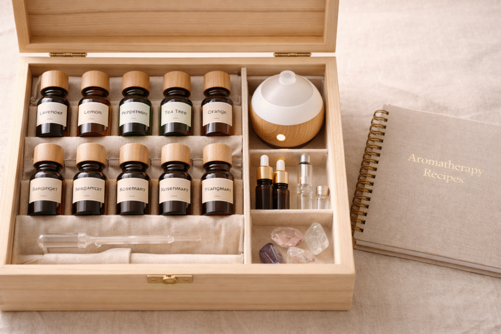 Kit aromático completo com óleos essenciais para abundância, difusor, acessórios e guia de combinações