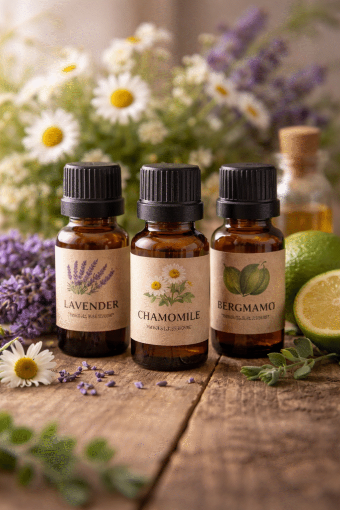 Aromas que Acalmam a Mente. Frascos de óleos essenciais de lavanda, camomila e bergamota organizados sobre mesa de madeira com flores aromáticas para tratamento natural da ansiedade