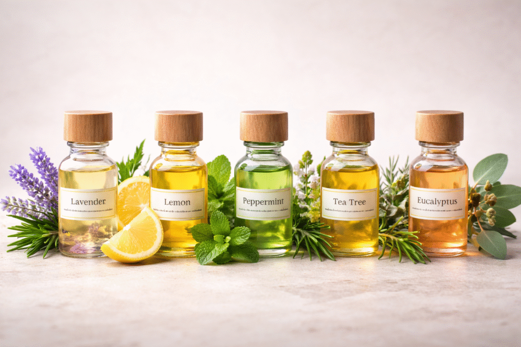 Coleção de óleos essenciais para ansiedade em frascos de vidro com suas plantas de origem incluindo lavanda, camomila, rosa e sândalo