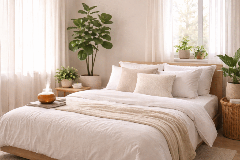 Quarto decorado de forma minimalista com difusor de aromas e plantas criando ambiente relaxante ideal para reduzir ansiedade e melhorar o sono