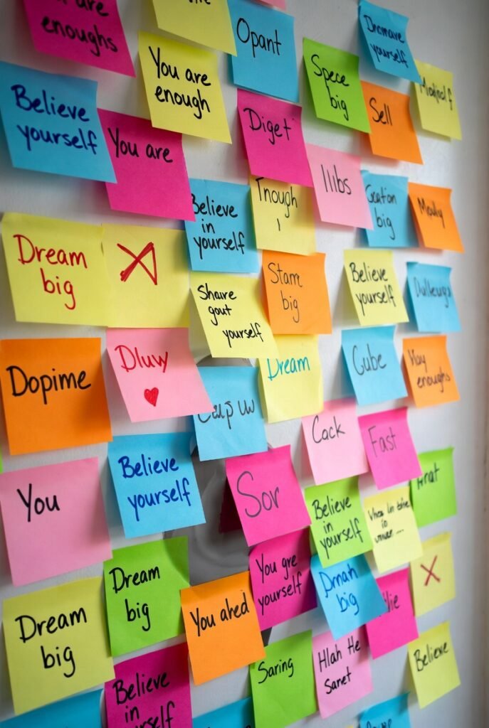 Post-its com afirmações positivas - lembretes visuais para autoestima diária