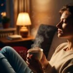 Ritual de descompressão noturno - pessoa relaxando em casa após dia de trabalho