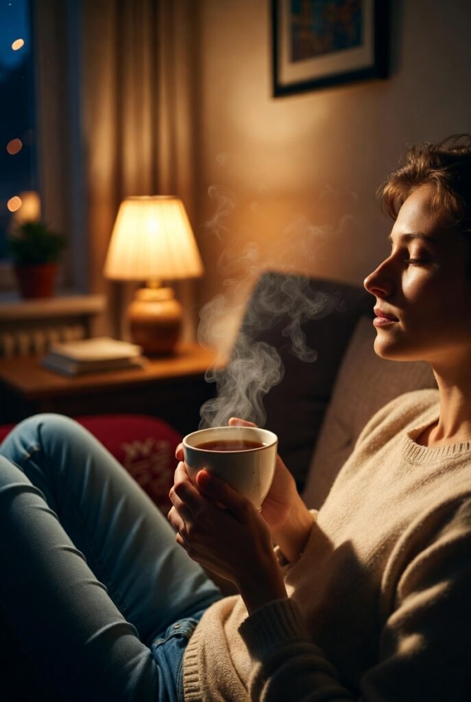 Ritual de descompressão noturno - pessoa relaxando em casa após dia de trabalho