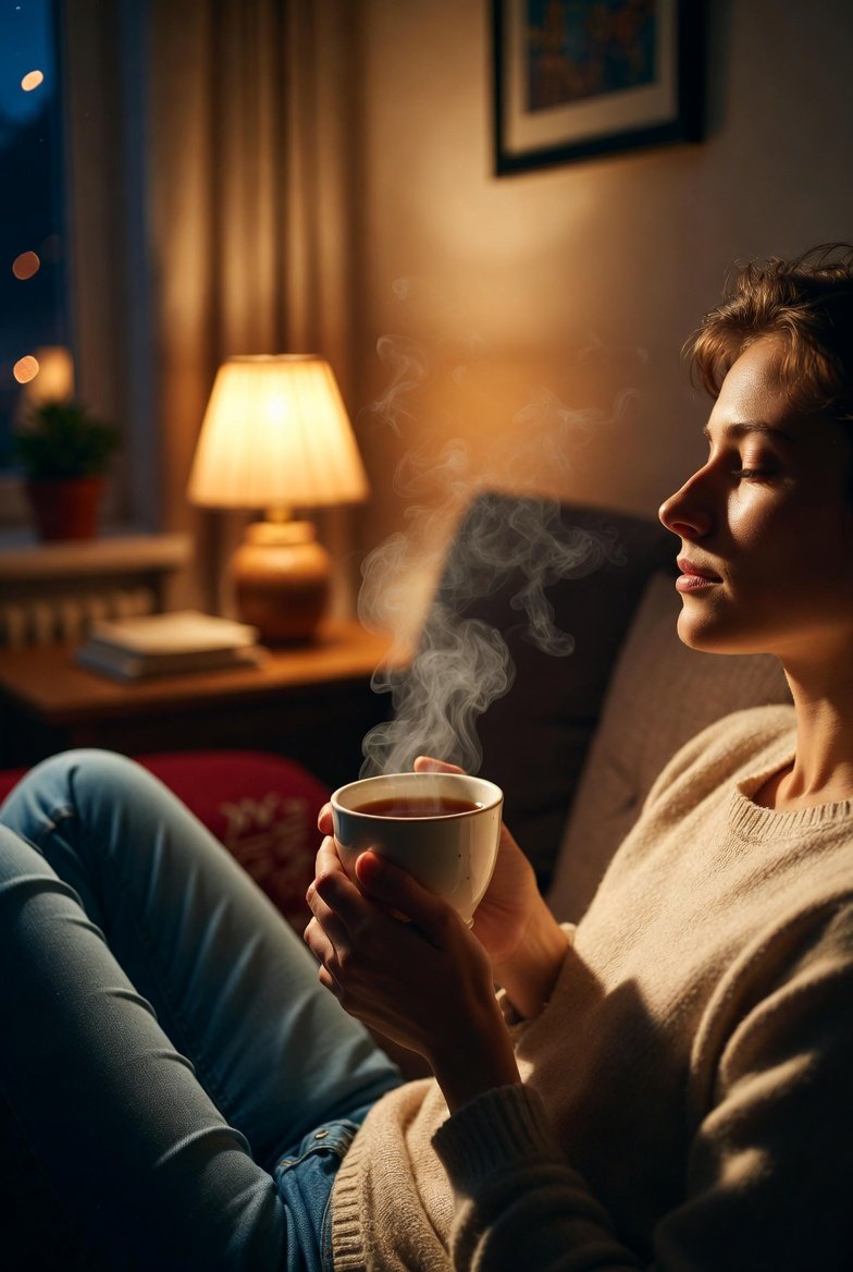 Ritual de descompressão noturno - pessoa relaxando em casa após dia de trabalho